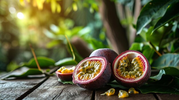 Frutas da paixão frescas sobre um fundo de madeira Frutas tropicais