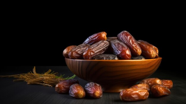 Frutas de dátiles en un cuenco en una mesa de madera Con fondo negro