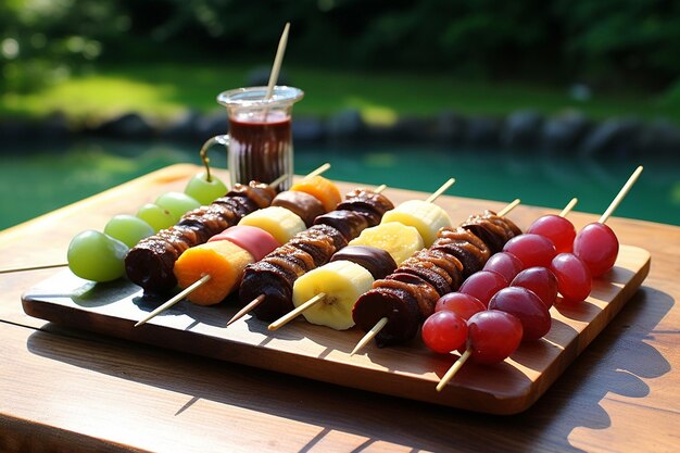 Foto frutas de dátiles en un espeto de kabob de frutas para un plato de fiesta