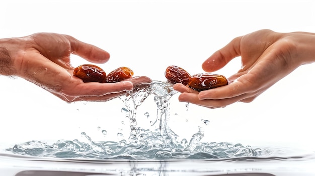 Frutas de dátiles o Kurma en un plato árabe vintage y una jarra de agua en un fondo de hormigón gris Dátiles y agua es la comida de Ramadán Ramazan Iftar comida