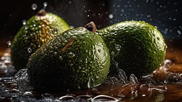 Frutas de abacate atingidas por respingos de água com ângulo de visão perfeito