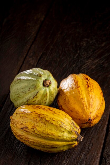 Frutas de cacau maduras em cima da mesa