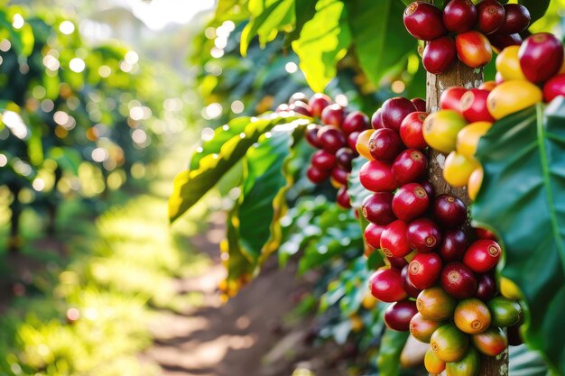 Foto frutas de café maduras em uma árvore em uma plantação de café em close-up espaço de cópia