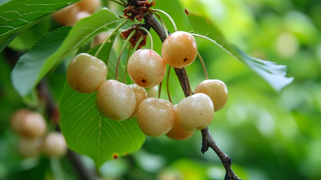 Frutas de cereja branca na árvore Foco seletivo IA generativa