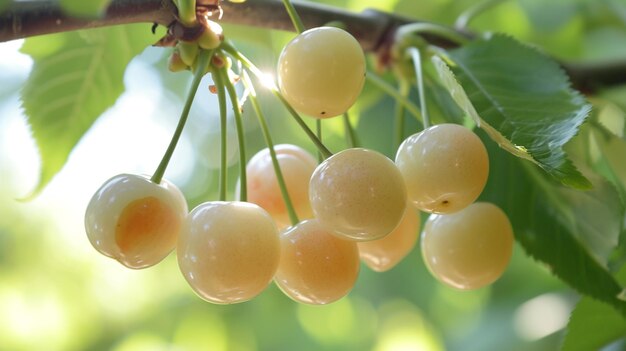 Frutas de cereja branca na árvore Foco seletivo IA generativa