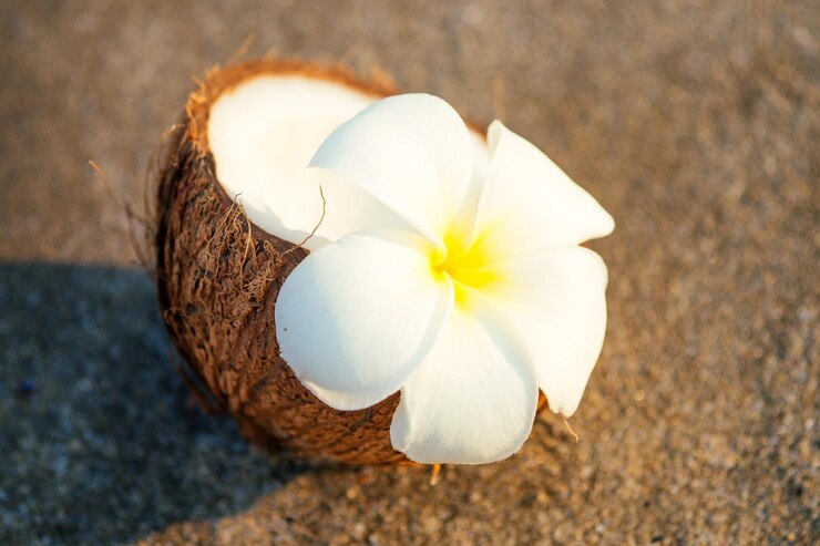 Foto frutas de coco e plumeria de flores brancas no fundo da praia de areia branca na índia goa spa massagem com óleo de coco
