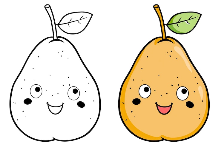 Foto frutas de desenho animado pêra desenhada engraçada com linhas de contorno isoladas em um fundo transparente frutas simples clip art pêra imprimível página de colorir livro de colorir simples para crianças
