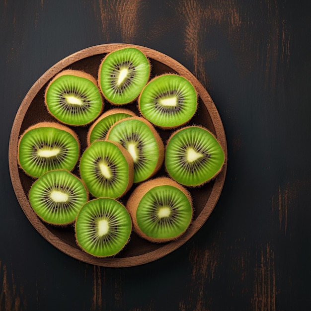 Frutas de kiwi frescas dispostas em fundo de madeira rústica fatias suculentas para mídia social Post Size