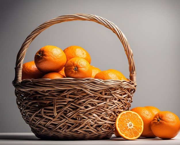 Frutas de laranja maduras e apetitosas numa cesta transbordante