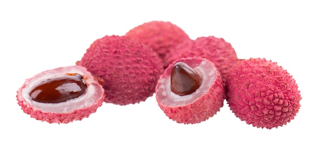 Frutas de lichia isoladas em fundo branco Frutas maduras frescas exóticas tropicais Litchi chinensis Traçado de recorte