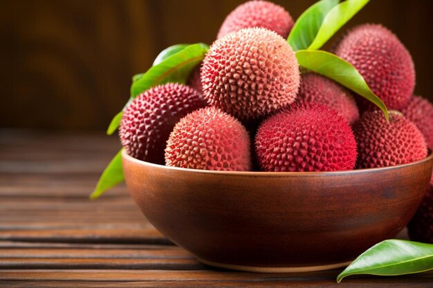 Foto frutas de lício em mesa de madeira de perto