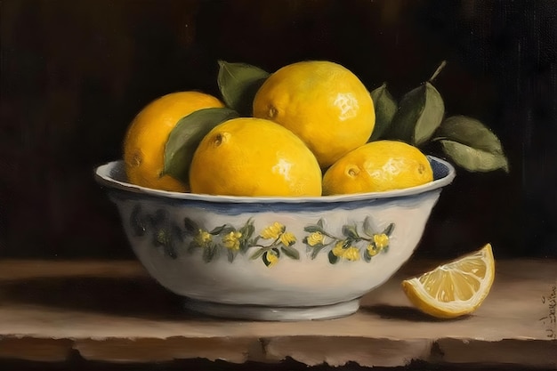 Frutas de limão em uma ilustração tradicional do estilo da pintura a óleo da natureza morta da bacia com fundo escuro