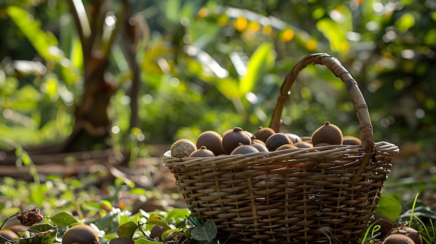 frutas de monge de cesta de vime tradicional no pomar capturando uma sensação de colheita e abundância natural