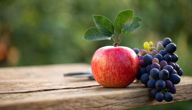 Frutas de outono ainda vida maçã vermelha e uvas roxas amarelas na velha mesa de madeira