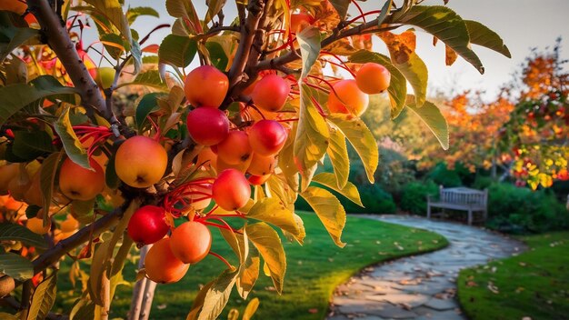 Frutas de outono penduradas em um galho de árvore no jardim