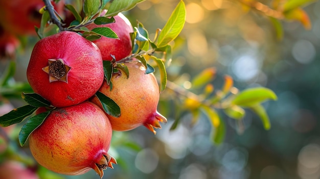 Frutas de romã penduradas em uma árvore foco seletivo IA generativa