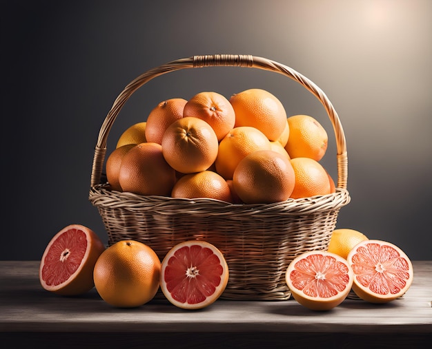 Frutas de toranja maduras e apetitosas numa cesta transbordante