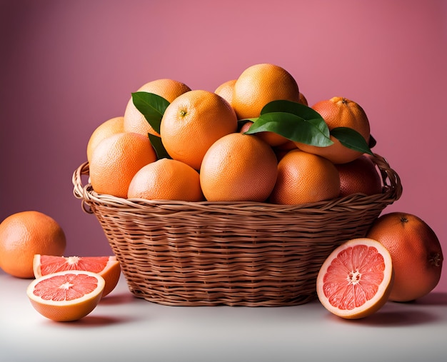 Frutas de toranja maduras e apetitosas numa cesta transbordante