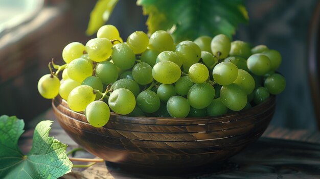 Frutas de uvas verdes doces na tigela de madeira