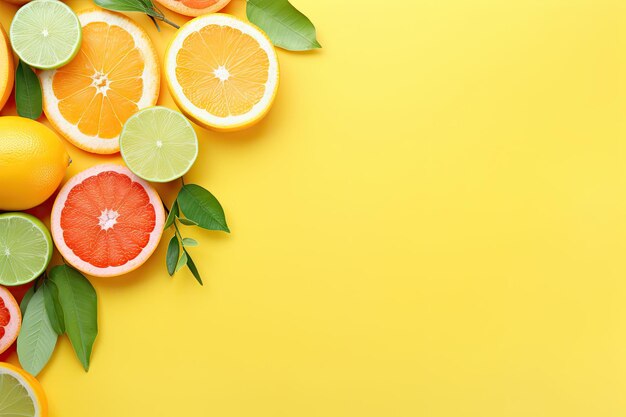 Frutas de verão com folhas toranja laranja tangerina limão limão sobre fundo amarelo pastel Comida co
