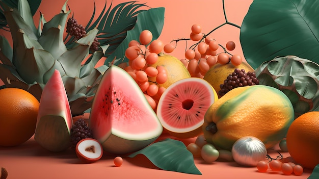 Frutas de verão em fundo rosa