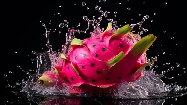 Foto frutas de dragón salpicando en el agua salpicando