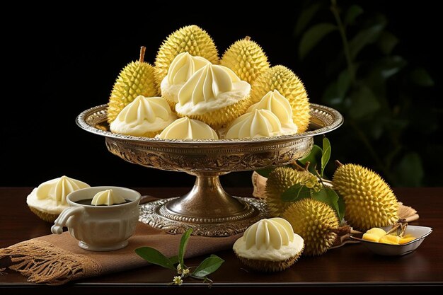 Frutas durian dispostas em um suporte de bolo com um pano de renda Fotografia de imagens de frutas durian