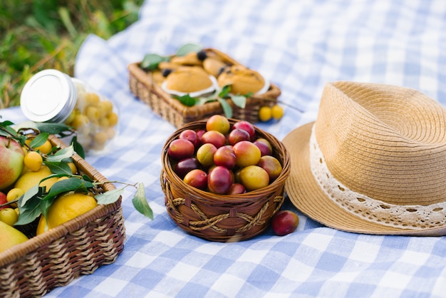 Frutas e bagas em cestas de piquenique em uma toalha xadrez branca azul em um gramado verde e um chapéu de palha