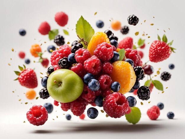 Frutas e bagas voadoras isoladas em fundo branco