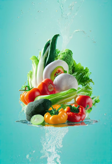 Frutas e legumes com respingos de água limpa