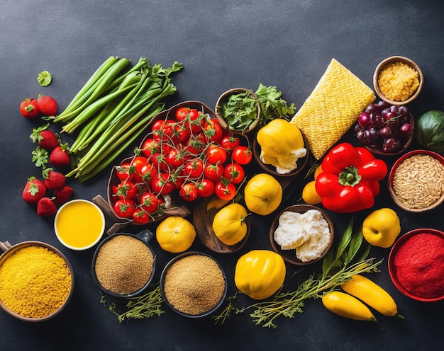 Frutas e legumes decoração de fundo escuro de superfície plana