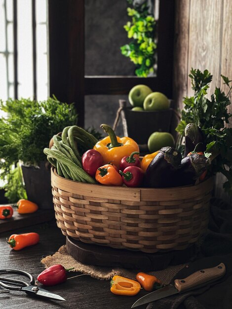 Foto frutas e legumes em cesto