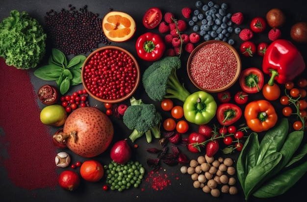 Frutas e legumes em um fundo preto