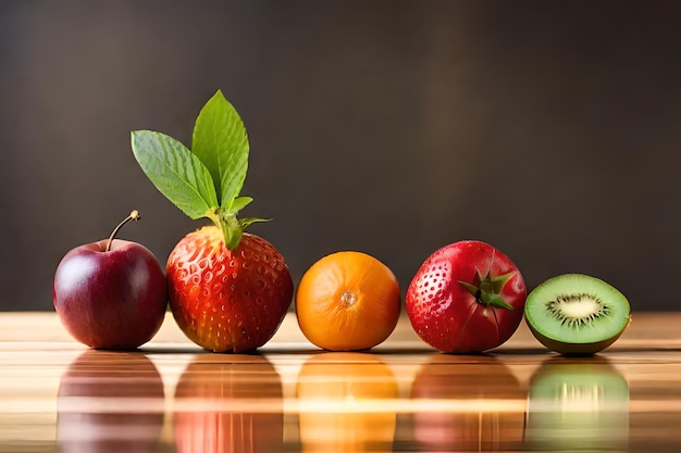 frutas e legumes em uma mesa de madeira com fundo preto