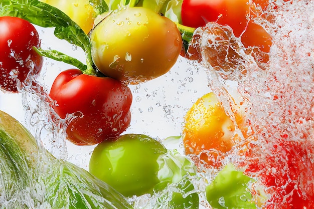 Frutas e legumes espirrando na água limpa