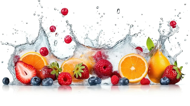 Frutas e legumes estão sendo derramados em um respingo de água.