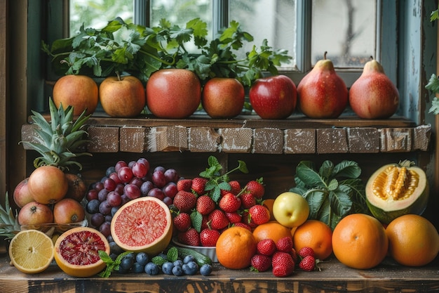 Frutas e legumes frescos dispostos numa mesa de madeira