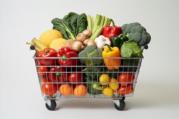Frutas e legumes frescos em carrinhos de supermercado totalmente abastecidos isolados em fundo branco