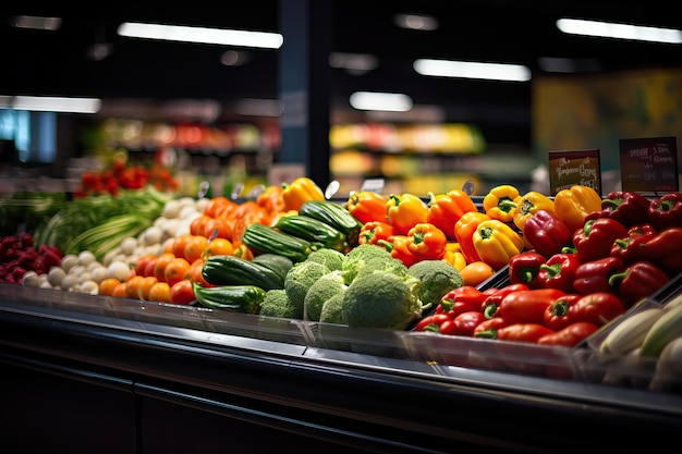 Frutas e legumes frescos em exposição no supermercado
