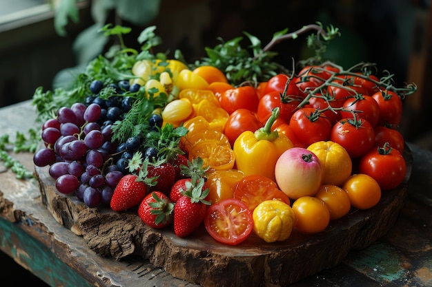 Frutas e legumes frescos em mesa de madeira