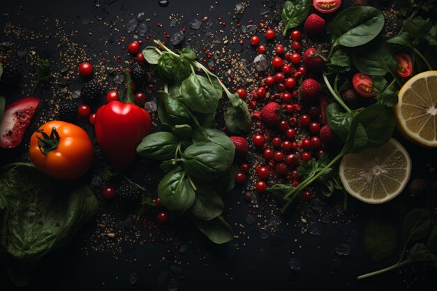 Foto frutas e legumes frescos em um fundo preto