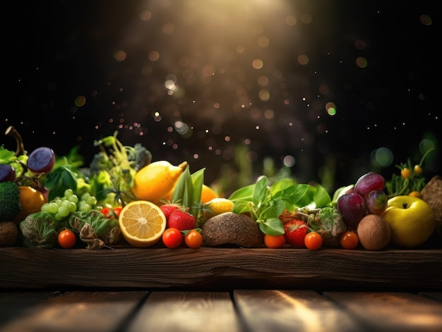 Frutas e legumes frescos na mesa de madeira Criados com tecnologia Generative AI