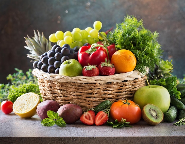 Foto frutas e legumes frescos numa cesta sobre uma mesa