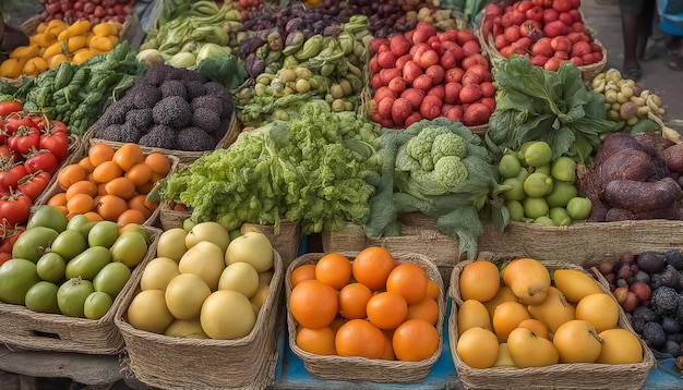 Frutas e legumes na barraca de vendedores ambulantes Muitos alimentos maduros de baixas calorias gerados pela IA