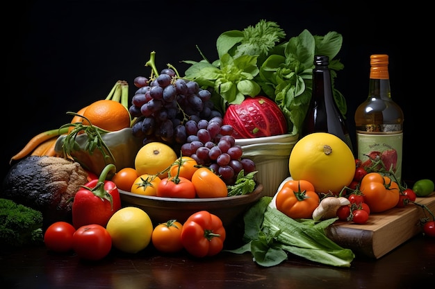 Foto frutas e legumes na deliciosa mesa