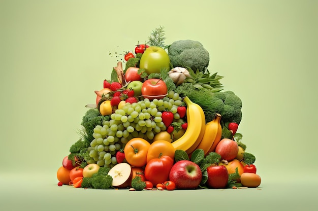 Frutas e legumes na forma de uma pirâmide em um fundo verde Conceito de comida saudável