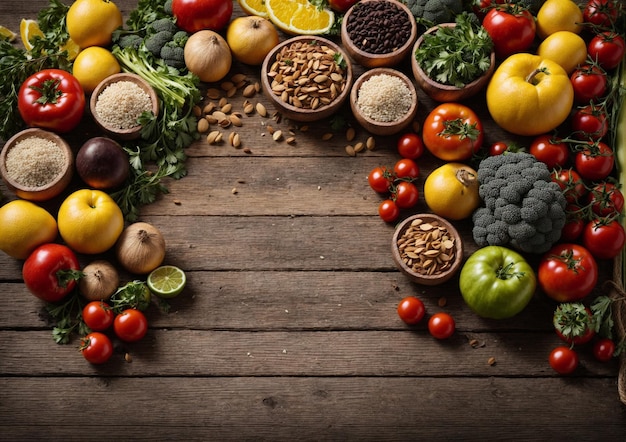 Frutas e legumes na mesa de madeira