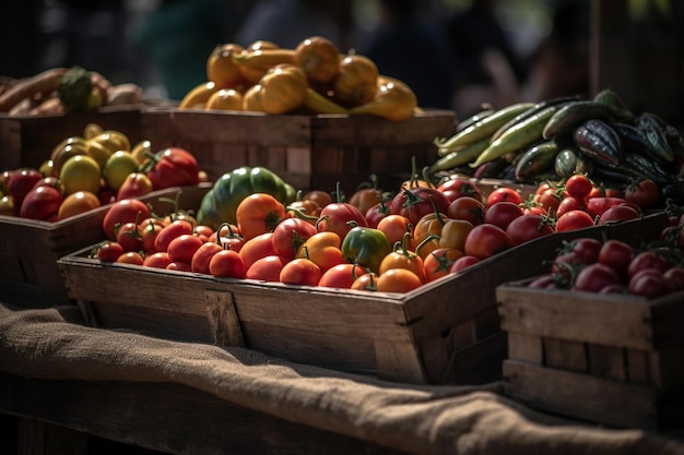 Frutas e legumes no balcão de um mercado de agricultores alimentos saudáveis