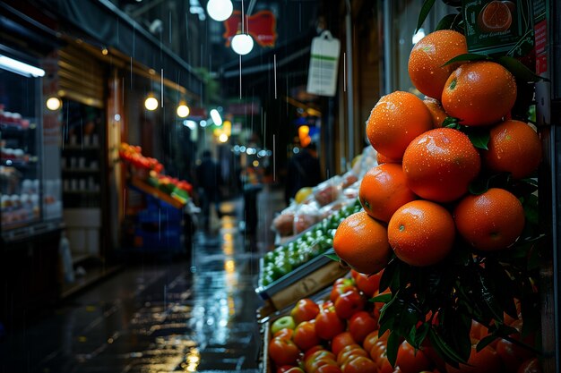 Foto frutas e legumes no mercado de rua em um dia chuvoso