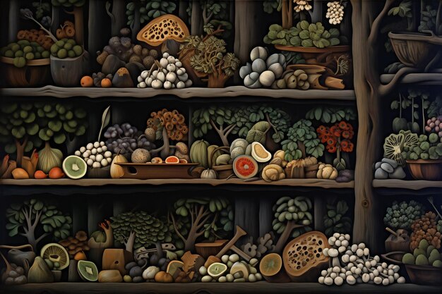 Foto frutas e legumes numa prateleira de madeira